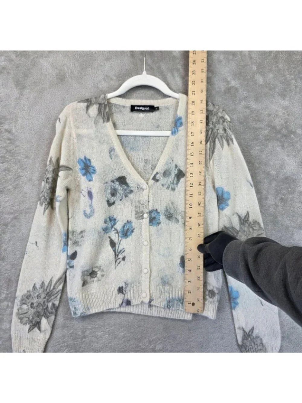 Desigual Cardigan Sweater Set Womens Small Cream Blue Floral Open Knit Sheer
